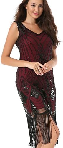 Mesisan Women Vintage 1920s Gatsby Cocktail Sequin Art Deco Tassels Hem Flapper Dress(Black Burgundy XL)