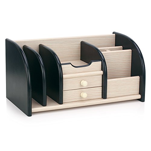 AZDENT Wood Desk Organizer Office Storage Rack with 2 Drawers 5 Compartments 2 Mail Sorter Holder Desktop Table and Counter