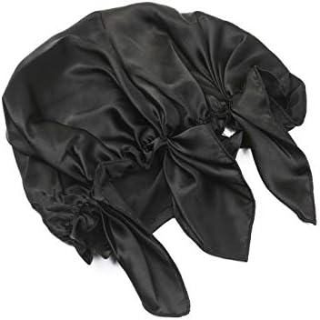 NMM Global 100% Natural Silk Night Sleep Cap Head Cover Lined Sleeping Bonnet for Women & Men Hair Scalp Care (Black)