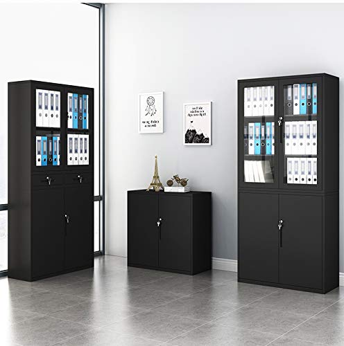 Metal Office File Cabinet 30 inch Height,Lockable Swing DoorTwo Layer Steel Cupboard with Two Layer (Black, HF-760) - Thumbnail 6