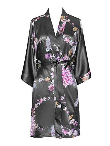 Old Shanghai Women's Kimono Short Robe - Chrysanthemum & Crane - Gunmetal