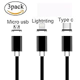 UGI Magnetic Cable 3 Pack 3 in 1 USB C Micro USB 3.3FT Android Magnet Charging Cable Type C Cord Fast Charger for Phone X Xs Max XR 8 7 8 Plus 6 6s Plus Samsung Galaxy S5 S6 S7 S8 S9 Note 8 LG Huawei