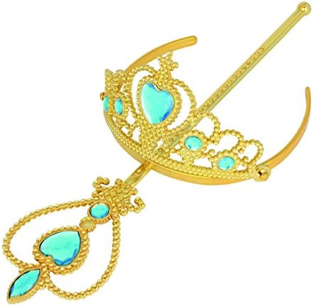 Jeassi Princess Crown Tiara and Wand Set Silver Heart Jewel Princess accessories (Light Blue (Gold Style))