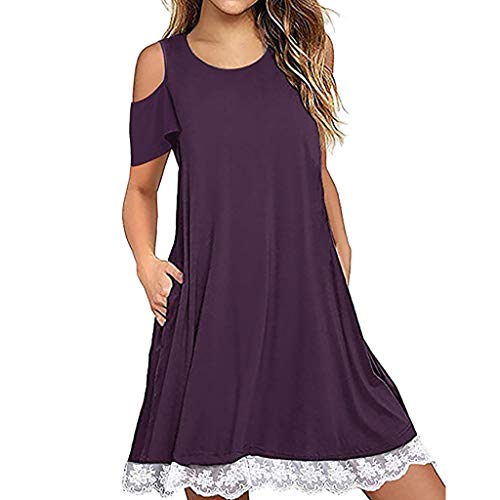 Todaies Women Casual Lace Dress, O Neck Short Sleeve Above Knee Dress Loose Party Dress (S, Purple)