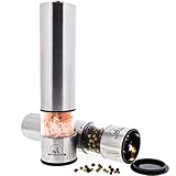 Electric Salt And Pepper Grinder Set by Home Improvement City - Battery Operated Stainless Steel Mills With LED Lights And Clear Acrylic Glass - Automatic One Hand Operation And Adjustable Coarseness
