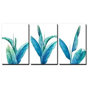 3 Panel Canvas Wall Art - Blue Leaves of Tropical Plants - Giclee Print Gallery Wrap Modern Home Art Ready to Hang - 16"x24" x 3 Panels