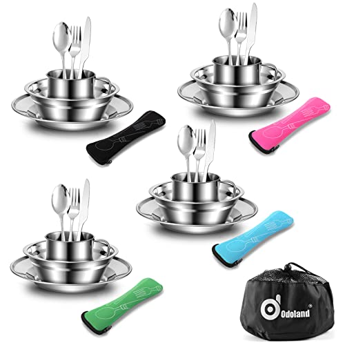 Odoland Campingbesteck Set Outdoor Reisebesteck aus Edelstahl Klappbesteck mit Teller Tasse ideal Geschenk für Outdoor Kochgeschirr Reisen Wandern Cam