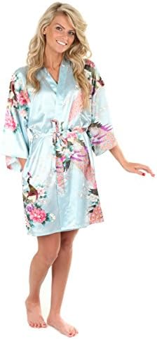 Anntourage Women's Kimono Robe, Peacock Design-Light Blue-Small/Medium, Short- CLOSEOUT