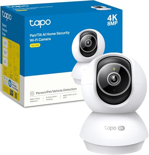 Tapo C250 - Cámara de Vigilancia WiFi Interior 4K 8MP, 360° Pan/Tilt, Visión Nocturna, Detección IA Personas/Mascotas/Bebé, Audio Bidireccional, Compatible Alexa y Google