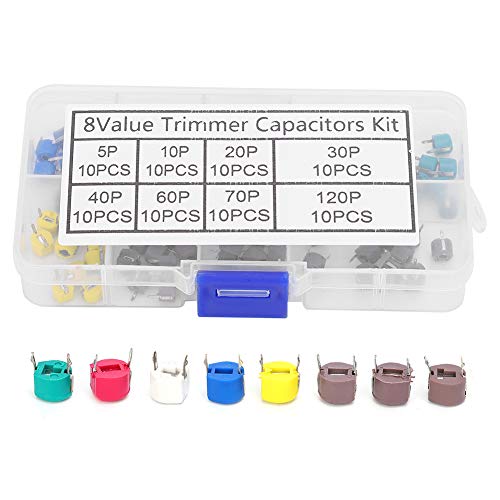 Trimmer Capacitor Kit 80pcs 6mm Variable Capacitance Ceramic Capacitor Set with 5/10/20/30/40/60/70/120P Adjustable Electronic Components for Tuning and Repair Projects
