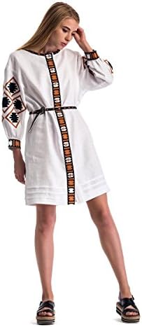 Ukrainian Ethnic Embroidered Linen Dress Vyshyvanka White Black Long Sleeve Dress With Belt
