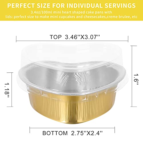 HEYYUMI Mini Heart Shaped Cakes Pans with Lids, 50pcs 3.4oz Disposable Aluminum Foil Heart Cake