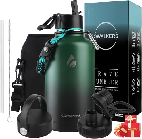 64oz Botella Térmica de Acero Inoxidable de 2 Litros, Termo Grande para Agua Fría de Metal para Mantener Frío, con Pajita y 3 Tapas para Gimnasio, Deportes y Oficina (Crush Indigo, 64oz)