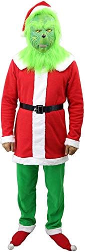 FUGUI Grinch Costume Suit Christmas Cosplay Grinch Latex Mask + Christmas hat + Christmas Outfit +Belt + Green Gloves