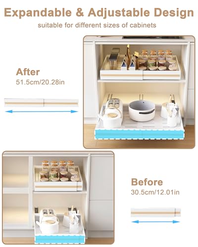 UMDONX 2 Pack Expandable Pull out Cabinet Storage Organizer Kitchen Cupboard Drawers, No Drill Adhesive Pantry Shelf Peel and Stick Sliding Rack(Durable Metal White Load 65LBS)