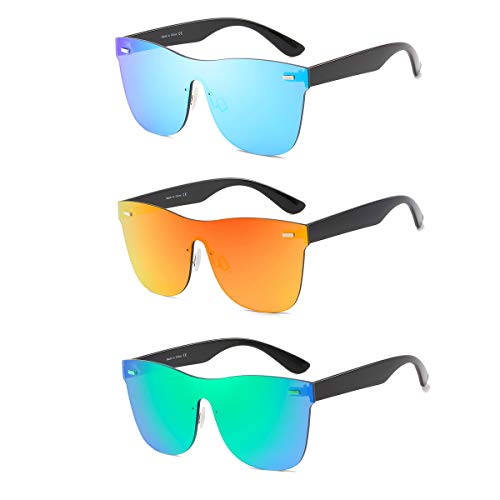 Rimless Mirrored Lens One Piece Sunglasses UV400 Protection for Women Men (Red+Blue+Green)