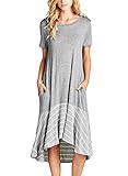 ROSKIKI Womens Summer Casual Midi Dress with Pockets High Low Spilce Ruffle Hem Short Sleeves Round Neck Flowy T Shirt Dress