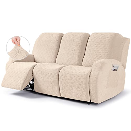VANSOFY Recliner Cover, 3-Pieces Stretch Reclining Couch Covers with Pockets Reclining Sofa Slipcovers 3 Seater Soft Washable(Vanilla)