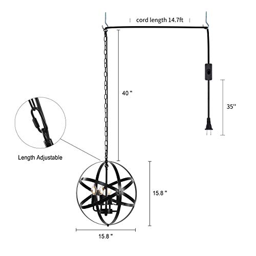 Lika 4-Light Plug in Chandeliers 15.7" Farmhouse Rustic Industrial Pendant Hanging Lights with Metal Shade Black Chandelier for Dining Room, Kitchen, Foyer