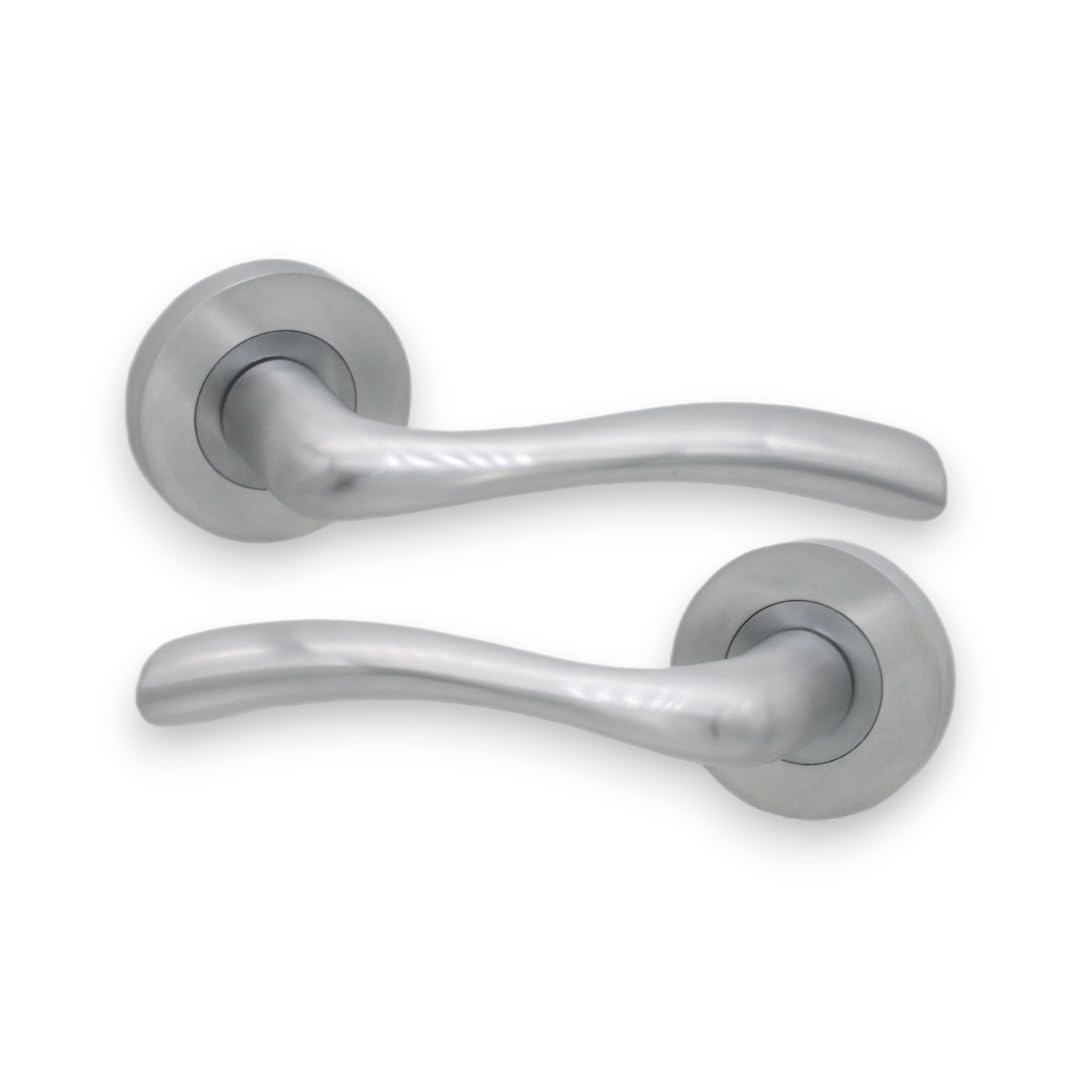 Infinity Decor Zune Solid Brass Curved Lever Latch Door Handles on Round Rose Pair, Satin Chrome - Ideal for Interior & Exterior Use