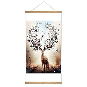 Hanging Poster Wooden Framed Big Beautiful Horn Deer Theme Home Wall Canvas Prints Ready to Hang - 18"x36"