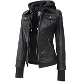 Decrum Hooded Leather Jacket for Women Winter Fashion Bomber Leather Jacket