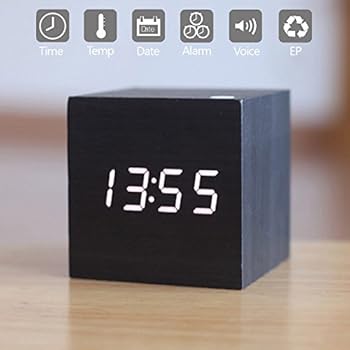 Zeekoo Wooden LED Digital Alarm Clock, Displays Time Date And Temperature, Cube USB/3AAA Battery Powered Sound Control Desk Alarm Clock for Kid, Home, Office, Daily Life, Heavy Sleepers (Black)