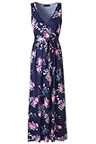 Zattcas Womens V Neck Sleeveless Empire Waist Floral Maxi Dress (XX-Large, Navy)