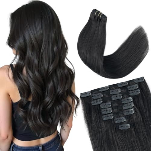 Sassina Straight Human Hair Clip ins Extensions 18 Inch Natural Clip in Remy Human Hair Extensions Jet Black Clip ins Hair Extensions Full Head 8 Pcs with 18 Clips 120 Grams #1