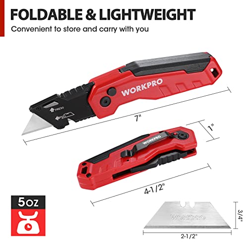 WORKPRO Folding Utility Knife, Quick Change Box Cutter, Razor Knife for Cartons, Cardboard, Boxes, Blade Storage in Handle, 13 Extra Blades Included (Red)