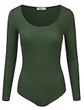 Doublju Womens Trendy Long Sleeve Scoopneck Rayon & Ribbed Knit Bodysuit (Made In USA)