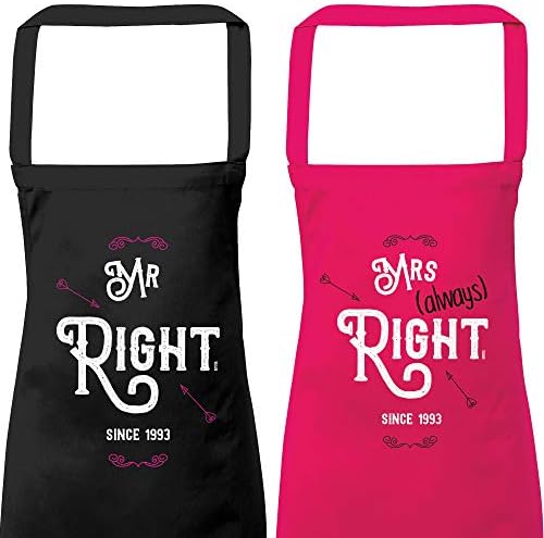 Kepster Personalised Set of Mr Right & Mrs Always Right Aprons, Black and Hot Pink Anniversary Wedding Apron Present His Hers Couples Gift