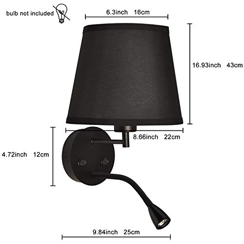 BarcelonaLED LED-wandlamp, E27, met Flexo, draaibaar, flexibel, 3 W, lampenkap van textiel, schakelaar voor slaapkamer… - Afbeelding 7