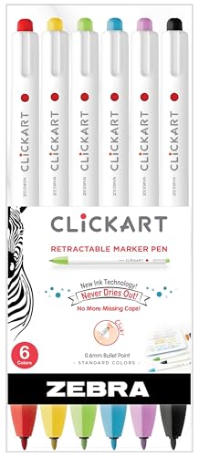Zebra Pen CLiCKART Retractable Marker Pen, Assorted Ink Colors, 0.6mm Fine Point, Moisture Absorbing to Prevent Drying Out, School Supplies and Teacher Supplies, 6-Pack (69006)
