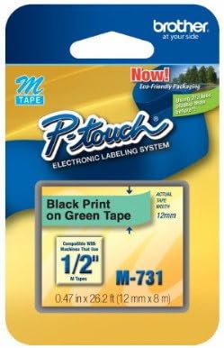 1/2" (12mm) Black on Green P-Touch M Tape for Brother PT-65, PT65 Label Maker