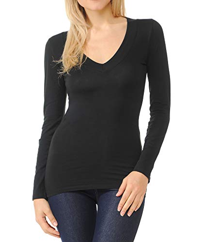 ClothingAve. Cotton Jersey Basic Wideband Deep V-Neck Long Sleeve T-Shirt in Variety Color Options (S-3X)