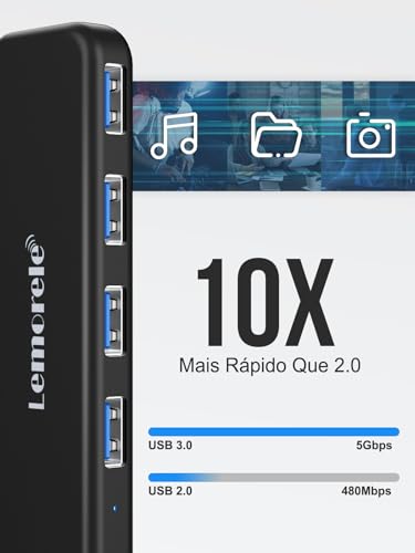 Hub USB 3.0 Lemorele, 4 Portas, Velocidade até 5Gbps, Compatível com Laptops, Desktops e Consoles, Preto