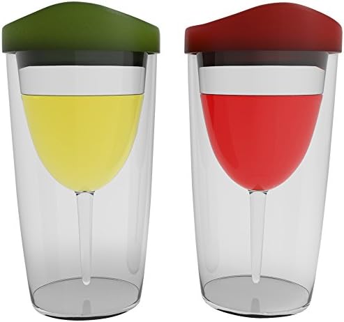 Wineova Plastic Wine Glasses with Lid, 10 Ounze, Set of 2, with Red and Green Drink-through Lid