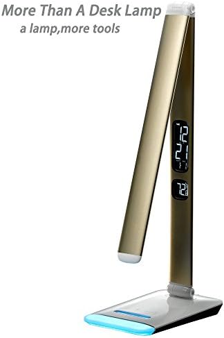 FOREKING Color Temperature Adjustable LED Desk Lamp,12W Table Light,Reading Lamp,Office lamp,5 Stages Touch Dimmable,LCD Calendar,Alarm Clock,Color Changeable Night Light (Gold, 12W CCT Adjustable)