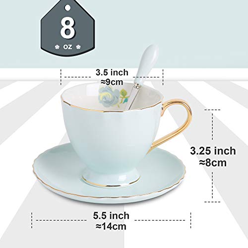 ARTVIGOR 12-Piece Silver Rimmed Coffee Tea Set fo with Saucers and Spoons New Bone China 6.8oz Teacups, 14.6 x 14 x 4.1 inches Blue