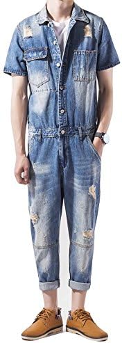 Eleitchtee オールインワン メンズ デニム 市販 オーバーオール つなぎ 半袖 L 008 Hld K3336 カバーオール ブルー 作業着 ジーンズ