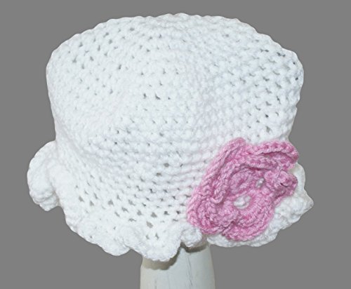 Crochet Toddler Girls White Hat, Ruffle Brim Kids Infant Girl Floppy Summer Beanie, Handmade Flower Hat for Girls, Bucket Hat
