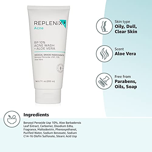 Replenix Benzoyl Peroxide 10 Acne Wash + Aloe Vera , 6.7 Fl Oz (Pack