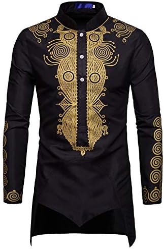 Tootless-Men Basic Style African Dashiki Stand Up Collar Shirts Black1 S