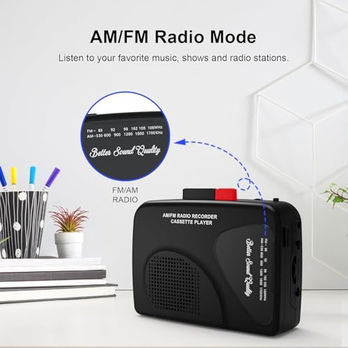 Reproductor de casete portátil y grabador de casete con radio AM/FM, altavoz integrado, conector para auriculares y clip para cinturón (negro)