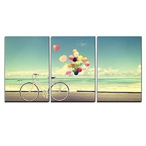 3 Piece Canvas Wall Art - Bicycle Vintage with Heart Balloon on Beach Blue Sky Concept of Love in Summer and Wedding - Modern Home Art Stretched and Framed Ready to Hang - 16"x24"x3 Panels