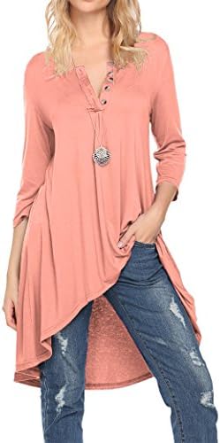 NaggooWomen's 3/4 Sleeve Button V Neck High Low Loose Fit Casual Long Tunic Tops Tee Shirts S-3XL