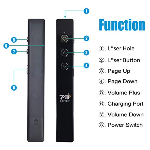 Wireless Presenter Rechargeable,Promi Presentation Remote with Red Light, Volume Control - 2.4GHz PowerPoint Clicker for Classroom, Lecture Hall, Conference Room, Exhibition Hall, etc.(Black)