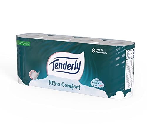 Tenderly Ultra Comfort, 8 rotoli di Carta Igienica Pura, 3 Veli, 200* Strappi per Rotolo, Delicata sulla Pelle, Dermatologicamente Testata