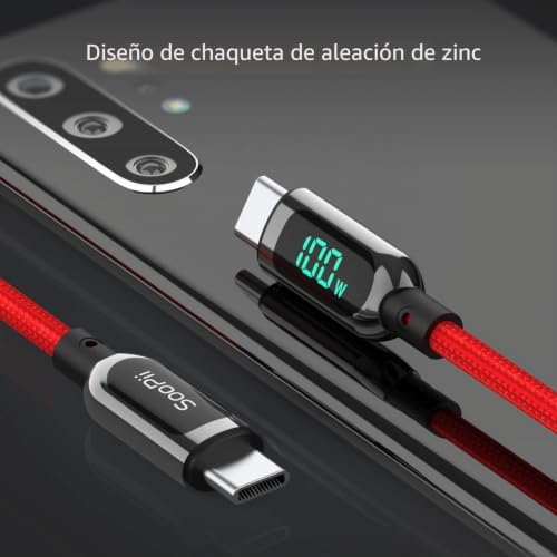 Cabo entrançado de nylon para carregamento rápido USB-C, cabo USB tipo C com ecrã LED para lPhone 15/15 Pro/15 Plus/15 Pro Max, lPad Air, MacBook Pro, Galaxy S23/S22 (2M, Vermelho)